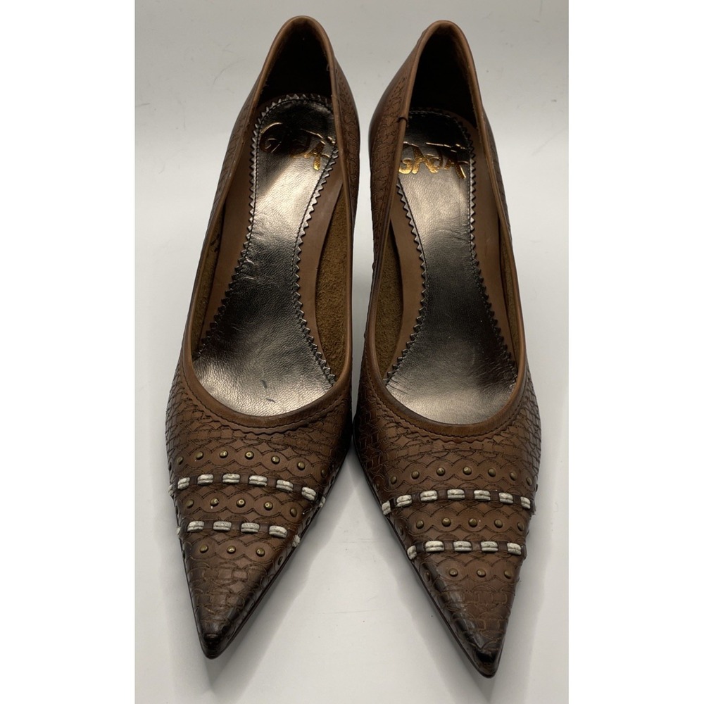 Gaia Brown Leather Snakeskin Studded Pointed Toe High Heel Pumps Women's Size 6